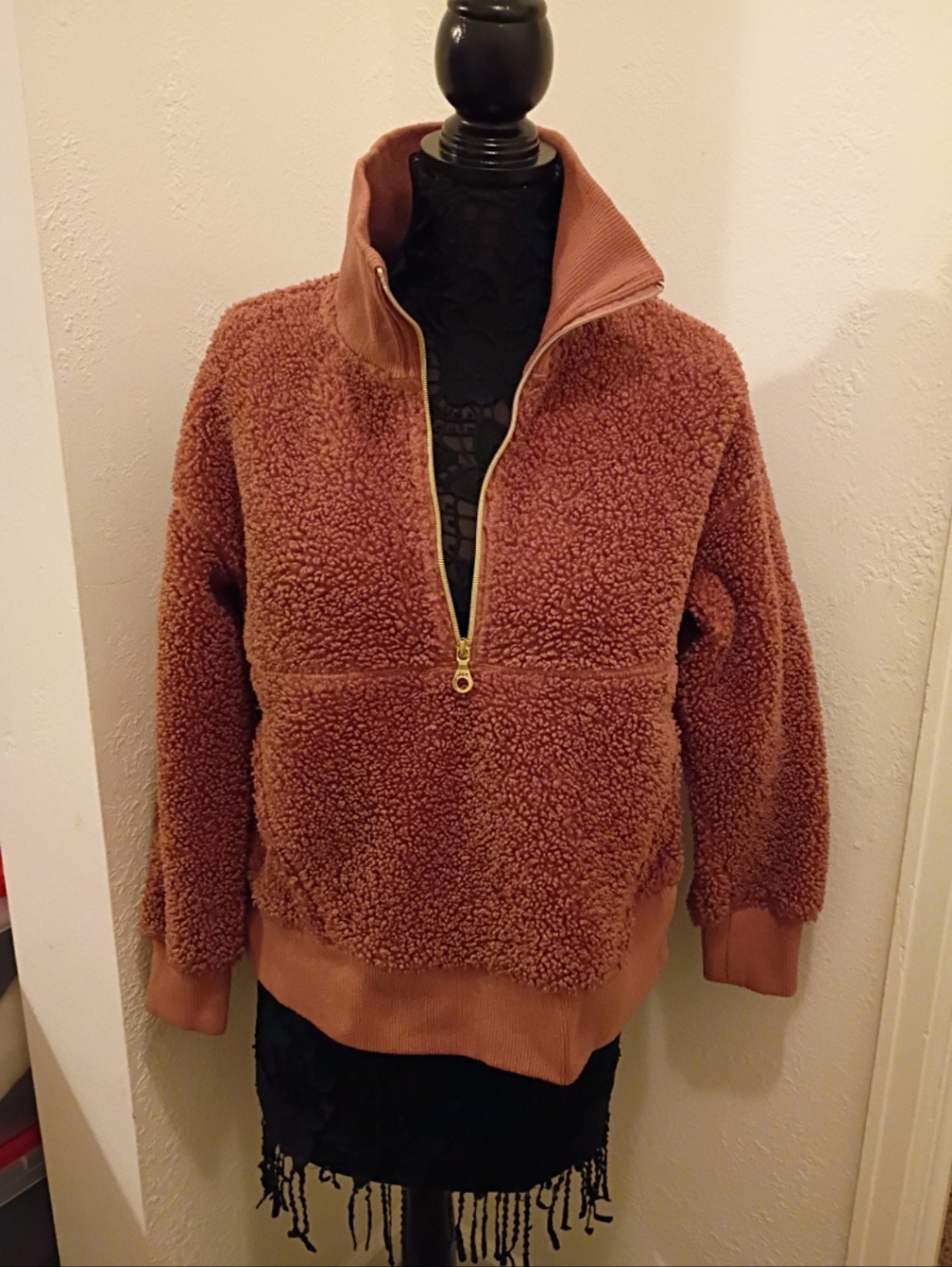 JoyLab Tan Sherpa Pullover with Gold Accents